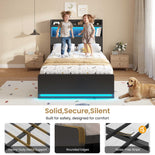 DICTAC | Platform Bed Frame with Storage Headboard, 5 Drawers, Charging Station & LED Lights
