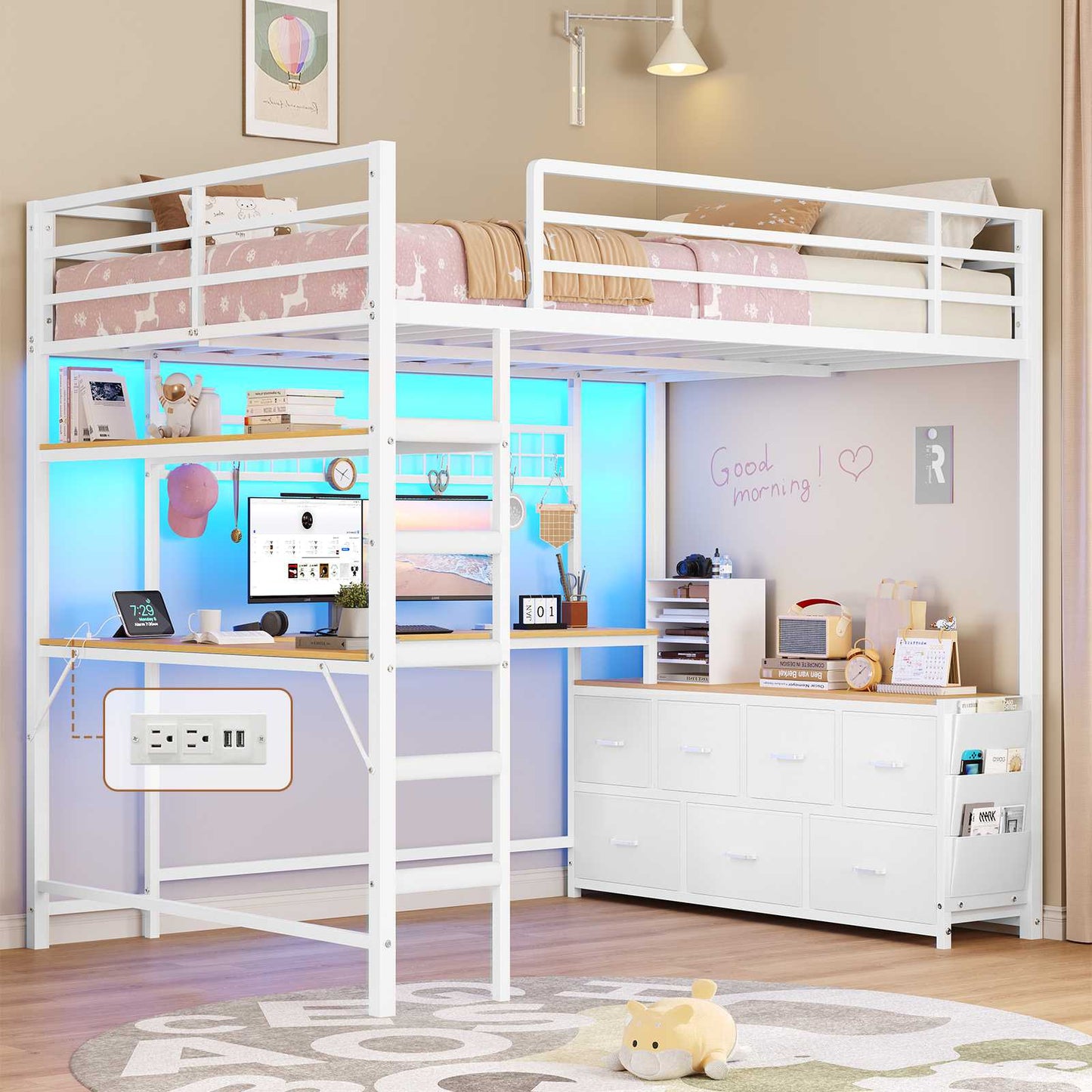 DICTAC | Full Loft Bed with U-Shaped Desk, 7 Storage Drawers, LED Lights & Charging Station, Metal Loft Bed with Shelves (White/Black)