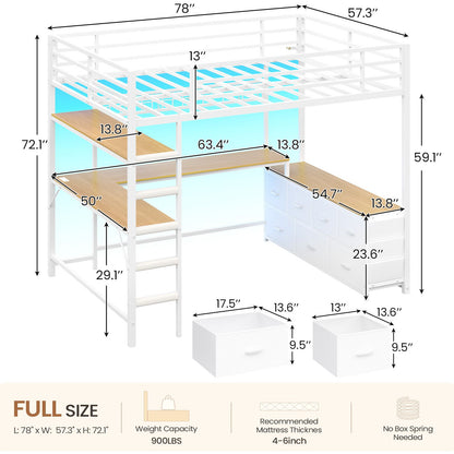 DICTAC | Full Loft Bed with U-Shaped Desk, 7 Storage Drawers, LED Lights & Charging Station, Metal Loft Bed with Shelves (White/Black)