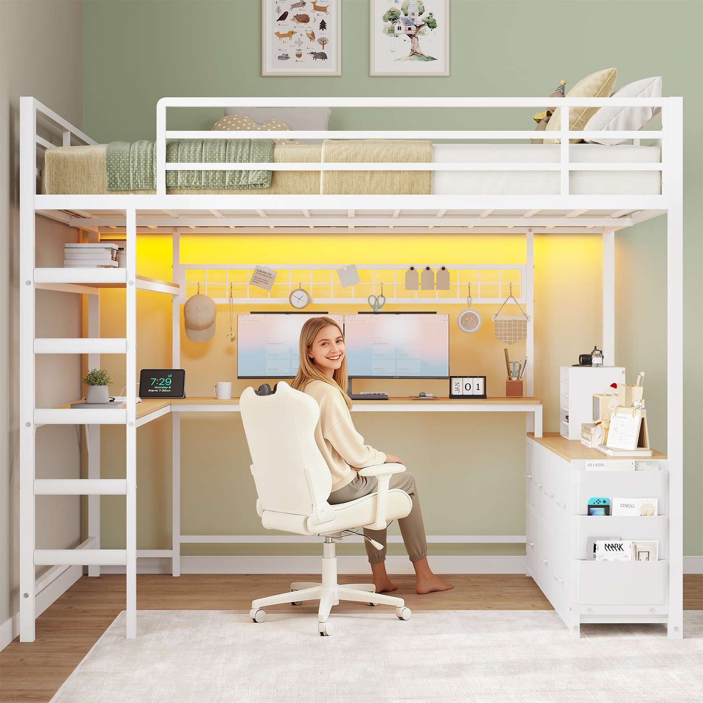 DICTAC | Full Loft Bed with U-Shaped Desk, 7 Storage Drawers, LED Lights & Charging Station, Metal Loft Bed with Shelves (White/Black)