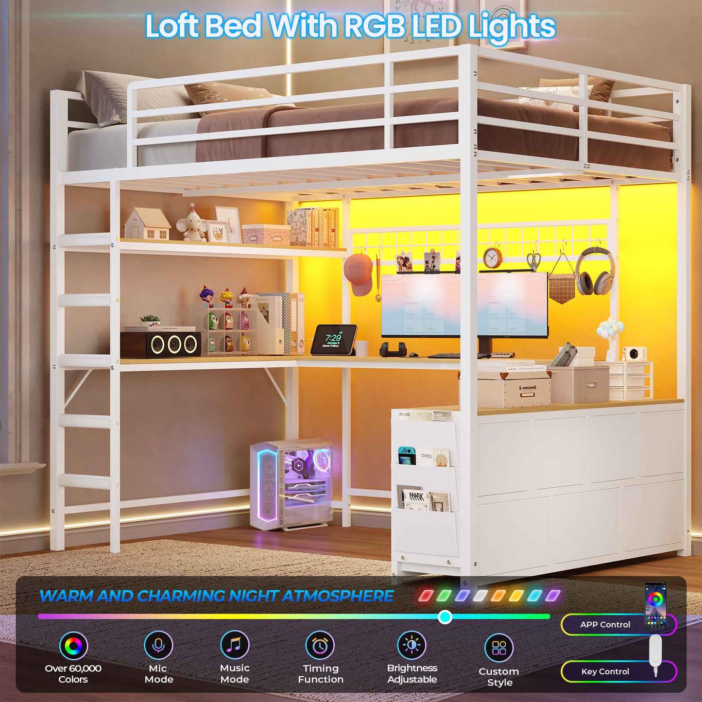 DICTAC | Full Loft Bed with U-Shaped Desk, 7 Storage Drawers, LED Lights & Charging Station, Metal Loft Bed with Shelves (White/Black)