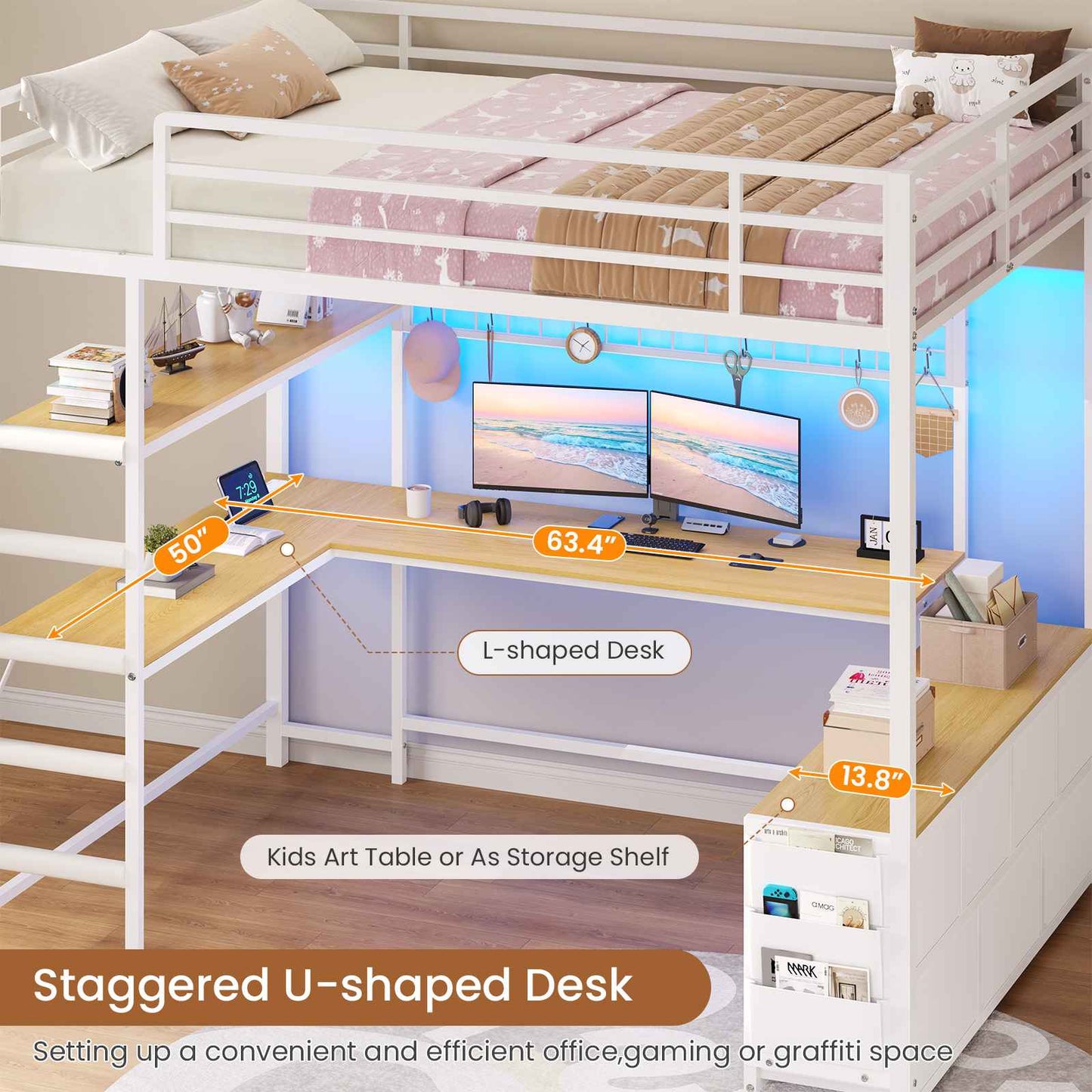 DICTAC | Full Loft Bed with U-Shaped Desk, 7 Storage Drawers, LED Lights & Charging Station, Metal Loft Bed with Shelves (White/Black)