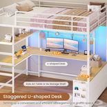 DICTAC | Full Loft Bed with U-Shaped Desk, 7 Storage Drawers, LED Lights & Charging Station, Metal Loft Bed with Shelves (White/Black)