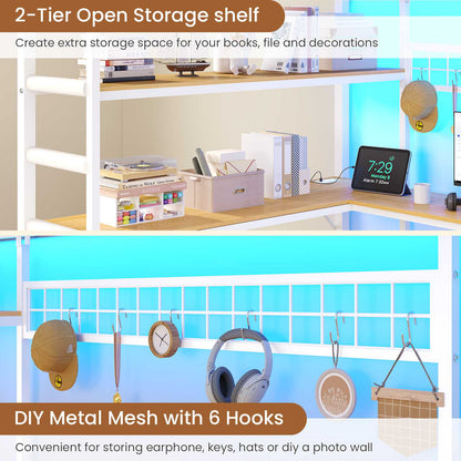 DICTAC | Full Loft Bed with U-Shaped Desk, 7 Storage Drawers, LED Lights & Charging Station, Metal Loft Bed with Shelves (White/Black)