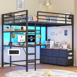DICTAC | Full Loft Bed with U-Shaped Desk, 7 Storage Drawers, LED Lights & Charging Station, Metal Loft Bed with Shelves (White/Black)