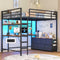DICTAC | Full Loft Bed with U-Shaped Desk, 7 Storage Drawers, LED Lights & Charging Station, Metal Loft Bed with Shelves (White/Black)