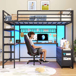 DICTAC | Full Loft Bed with U-Shaped Desk, 7 Storage Drawers, LED Lights & Charging Station, Metal Loft Bed with Shelves (White/Black)