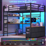DICTAC | Full Loft Bed with U-Shaped Desk, 7 Storage Drawers, LED Lights & Charging Station, Metal Loft Bed with Shelves (White/Black)