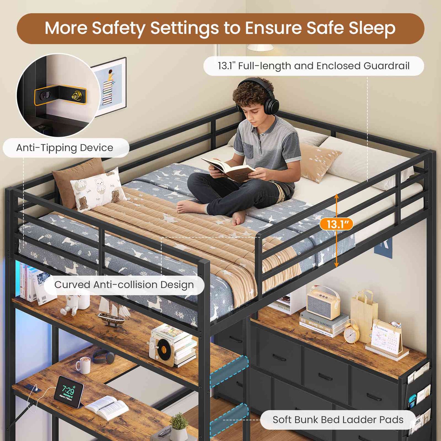 DICTAC | Full Loft Bed with U-Shaped Desk, 7 Storage Drawers, LED Lights & Charging Station, Metal Loft Bed with Shelves (White/Black)