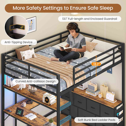 DICTAC | Full Loft Bed with U-Shaped Desk, 7 Storage Drawers, LED Lights & Charging Station, Metal Loft Bed with Shelves (White/Black)