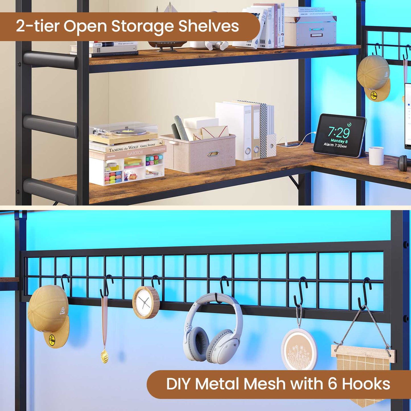 DICTAC | Full Loft Bed with U-Shaped Desk, 7 Storage Drawers, LED Lights & Charging Station, Metal Loft Bed with Shelves (White/Black)