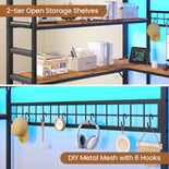 DICTAC | Full Loft Bed with U-Shaped Desk, 7 Storage Drawers, LED Lights & Charging Station, Metal Loft Bed with Shelves (White/Black)