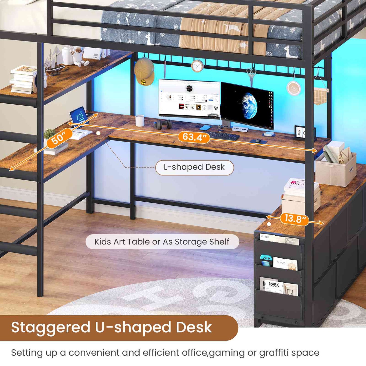 DICTAC | Full Loft Bed with U-Shaped Desk, 7 Storage Drawers, LED Lights & Charging Station, Metal Loft Bed with Shelves (White/Black)