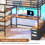 DICTAC | Full Loft Bed with U-Shaped Desk, 7 Storage Drawers, LED Lights & Charging Station, Metal Loft Bed with Shelves (White/Black)