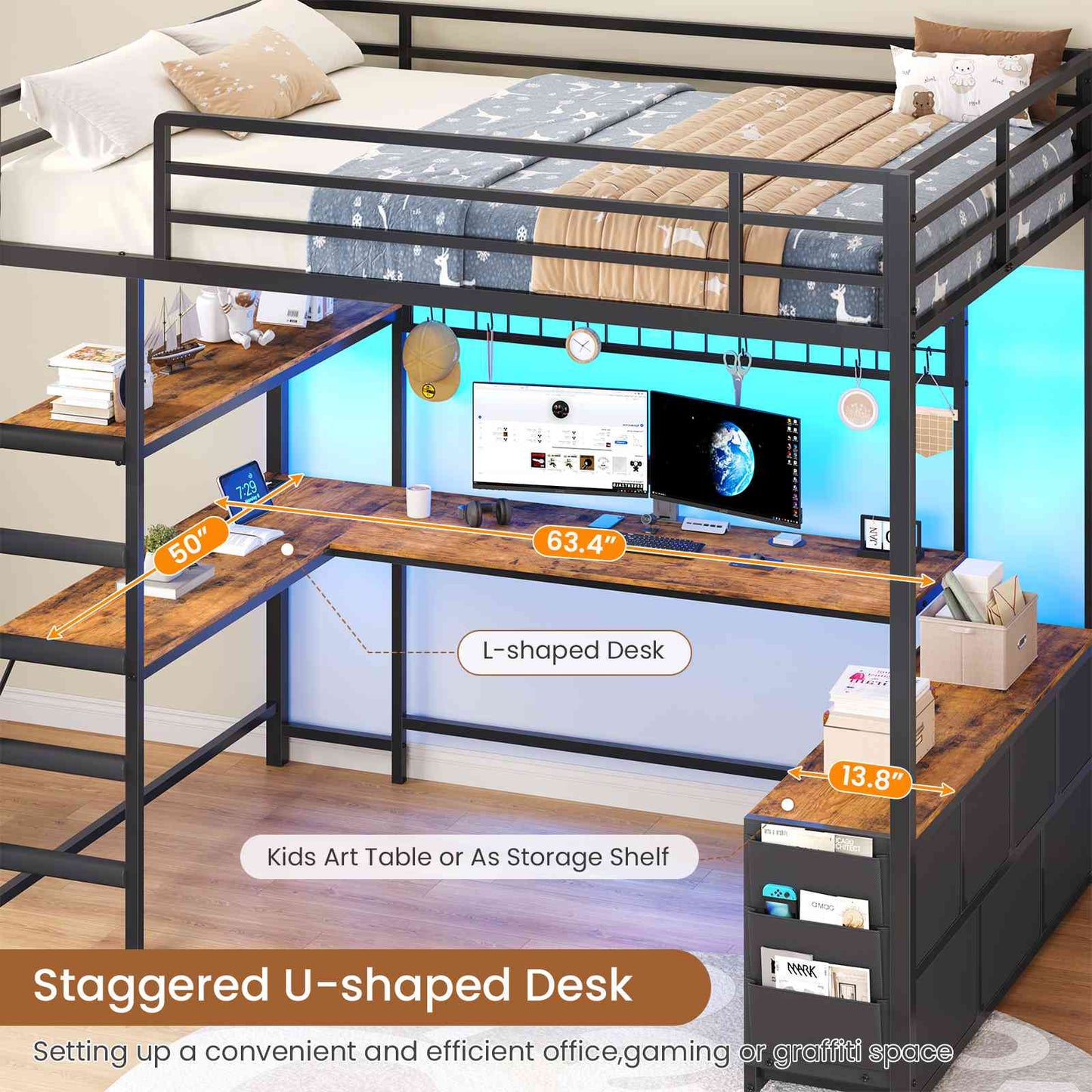 DICTAC | Full Loft Bed with U-Shaped Desk, 7 Storage Drawers, LED Lights & Charging Station, Metal Loft Bed with Shelves (White/Black)