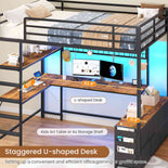 DICTAC | Full Loft Bed with U-Shaped Desk, 7 Storage Drawers, LED Lights & Charging Station, Metal Loft Bed with Shelves (White/Black)
