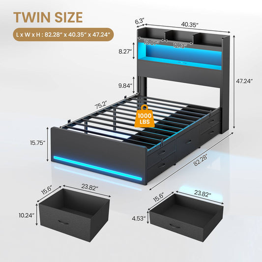 DICTAC | Platform Bed Frame with Storage Headboard, 5 Drawers, Charging Station & LED Lights