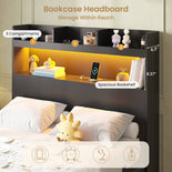 DICTAC | Platform Bed Frame with Storage Headboard, 5 Drawers, Charging Station & LED Lights