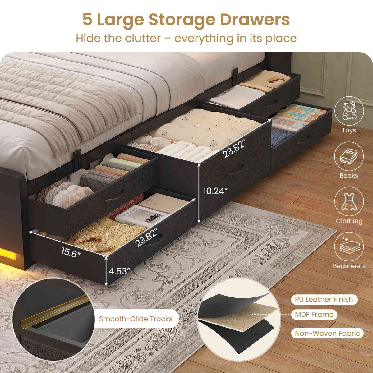 DICTAC | Platform Bed Frame with Storage Headboard, 5 Drawers, Charging Station & LED Lights