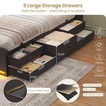 DICTAC | Platform Bed Frame with Storage Headboard, 5 Drawers, Charging Station & LED Lights