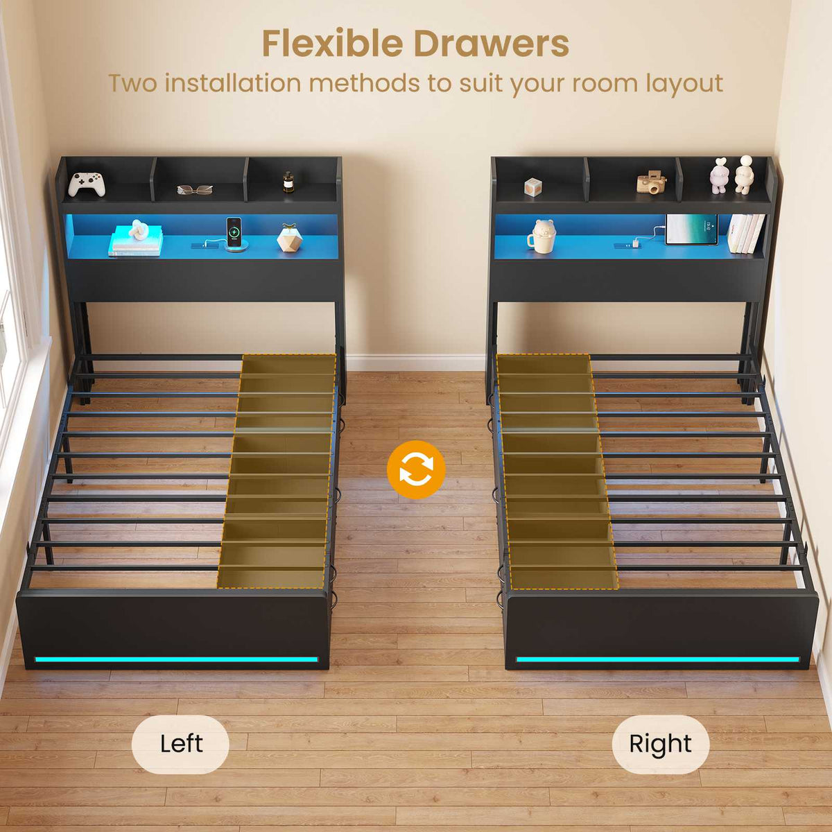 DICTAC | Platform Bed Frame with Storage Headboard, 5 Drawers, Charging Station & LED Lights