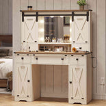 DICTAC | Farmhouse Makeup Vanity Desk with Lighted Mirror, Sliding Barn Door Storage, Charging Station & 5 Drawers, White Vanity Table with Adjustable Lights for Bedroom
