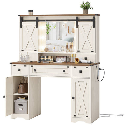 DICTAC | Farmhouse Makeup Vanity Desk with Lighted Mirror, Sliding Barn Door Storage, Charging Station & 5 Drawers, White Vanity Table with Adjustable Lights for Bedroom