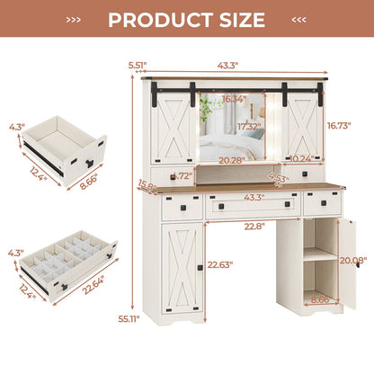 DICTAC | Farmhouse Makeup Vanity Desk with Lighted Mirror, Sliding Barn Door Storage, Charging Station & 5 Drawers, White Vanity Table with Adjustable Lights for Bedroom