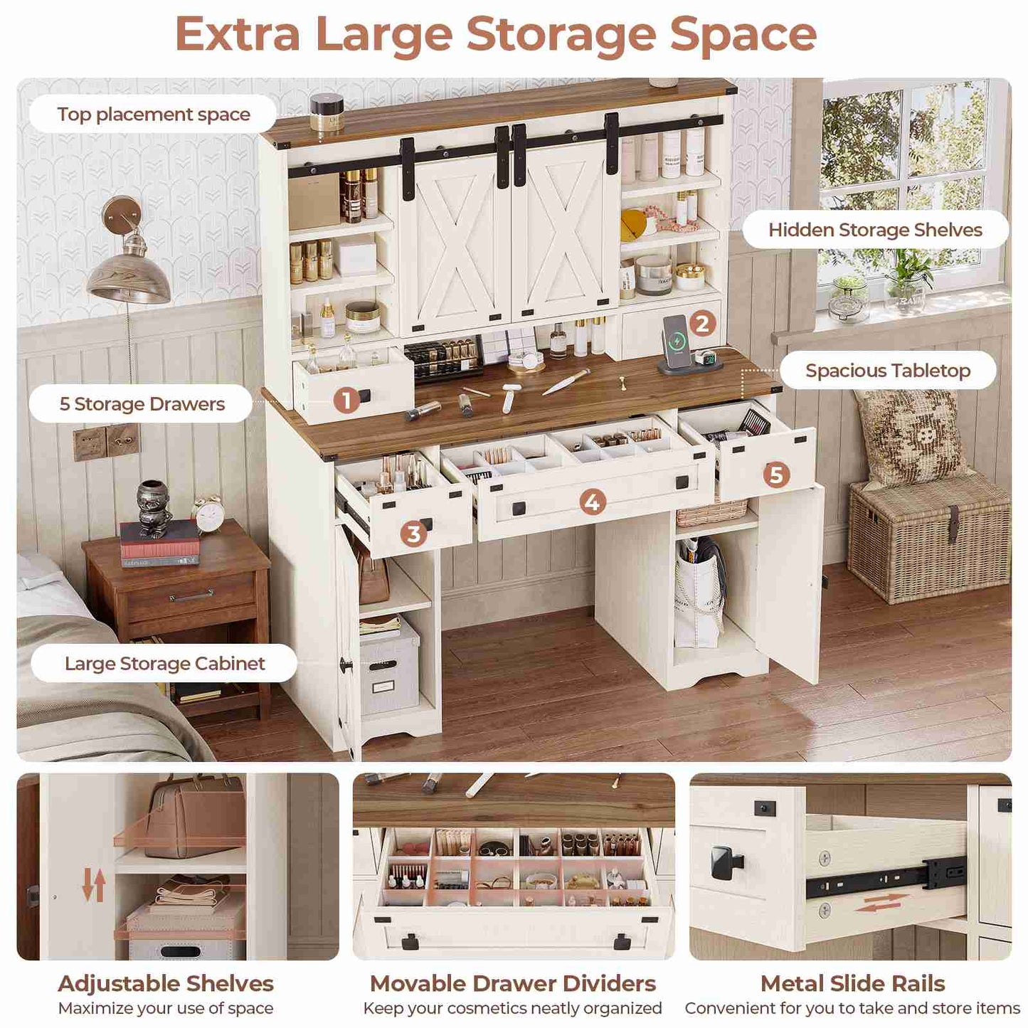 DICTAC | Farmhouse Makeup Vanity Desk with Lighted Mirror, Sliding Barn Door Storage, Charging Station & 5 Drawers, White Vanity Table with Adjustable Lights for Bedroom