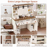 DICTAC | Farmhouse Makeup Vanity Desk with Lighted Mirror, Sliding Barn Door Storage, Charging Station & 5 Drawers, White Vanity Table with Adjustable Lights for Bedroom