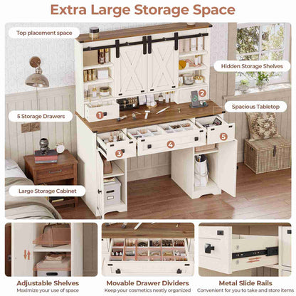 DICTAC | Farmhouse Makeup Vanity Desk with Lighted Mirror, Sliding Barn Door Storage, Charging Station & 5 Drawers, White Vanity Table with Adjustable Lights for Bedroom
