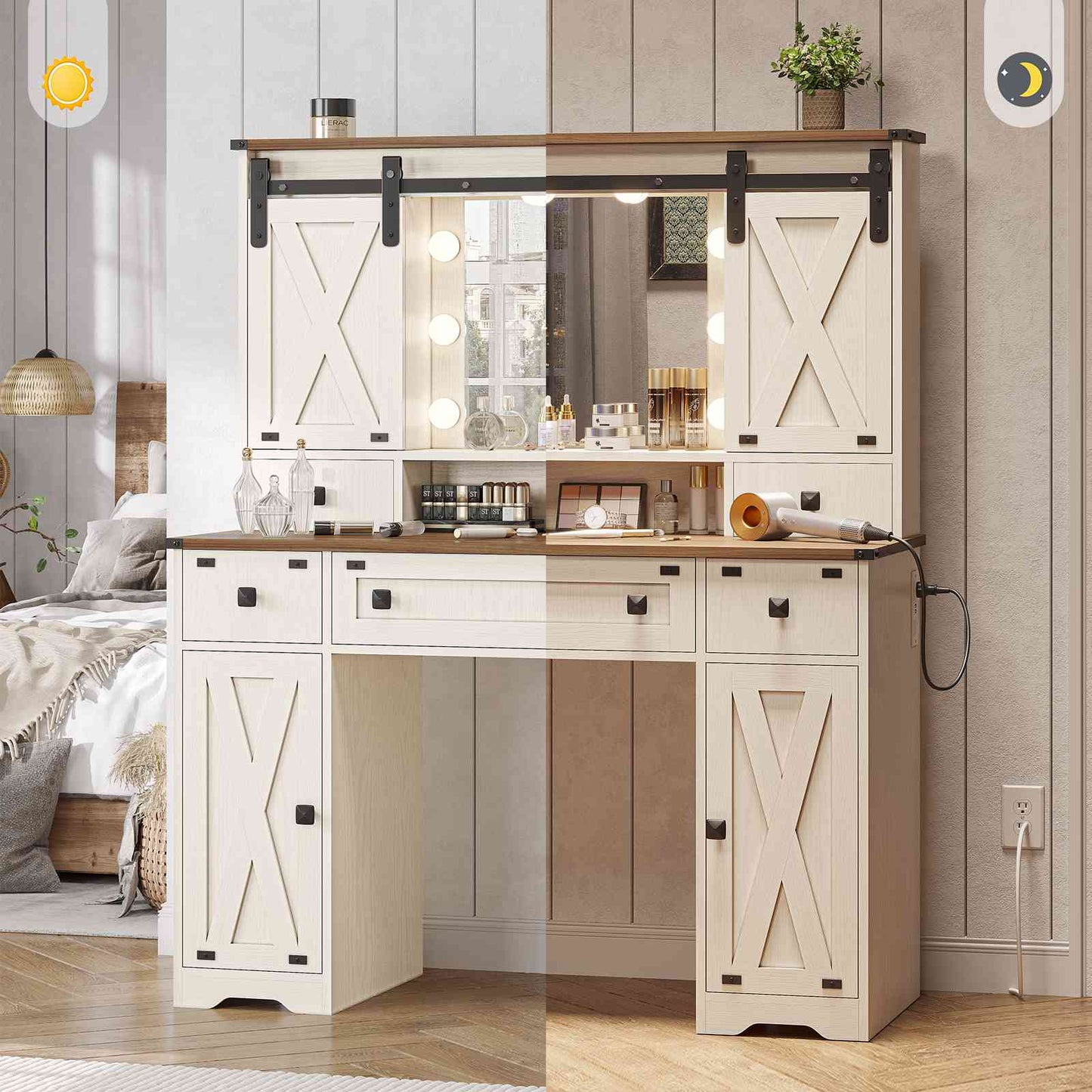 DICTAC | Farmhouse Makeup Vanity Desk with Lighted Mirror, Sliding Barn Door Storage, Charging Station & 5 Drawers, White Vanity Table with Adjustable Lights for Bedroom