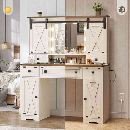 DICTAC | Farmhouse Makeup Vanity Desk with Lighted Mirror, Sliding Barn Door Storage, Charging Station & 5 Drawers, White Vanity Table with Adjustable Lights for Bedroom