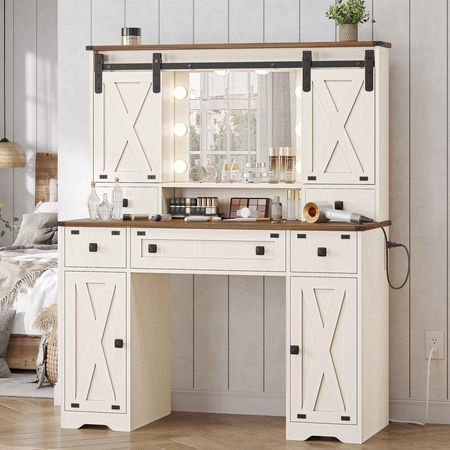 DICTAC | Farmhouse Makeup Vanity Desk with Lighted Mirror, Sliding Barn Door Storage, Charging Station & 5 Drawers, White Vanity Table with Adjustable Lights for Bedroom