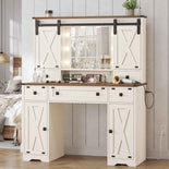 DICTAC | Farmhouse Makeup Vanity Desk with Lighted Mirror, Sliding Barn Door Storage, Charging Station & 5 Drawers, White Vanity Table with Adjustable Lights for Bedroom