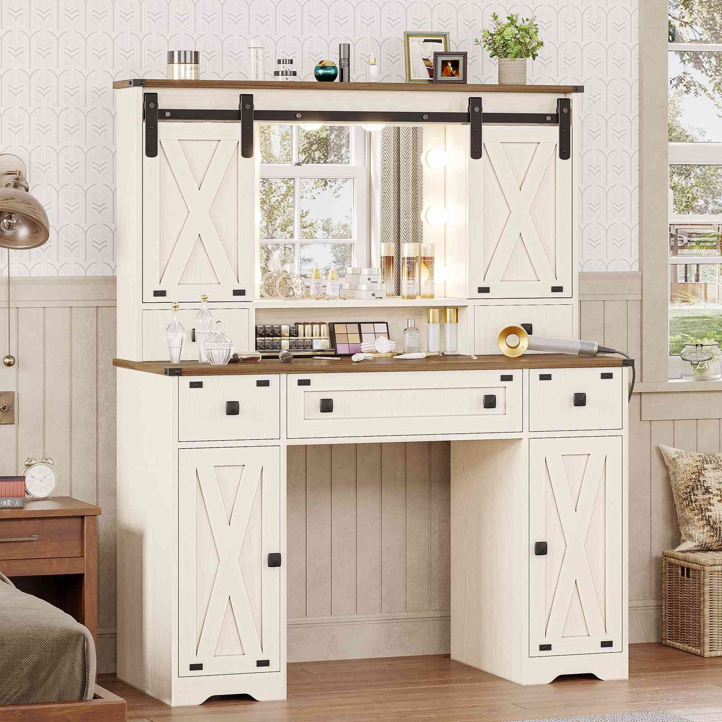 DICTAC | Farmhouse Makeup Vanity Desk with Lighted Mirror, Sliding Barn Door Storage, Charging Station & 5 Drawers, White Vanity Table with Adjustable Lights for Bedroom