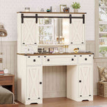 DICTAC | Farmhouse Makeup Vanity Desk with Lighted Mirror, Sliding Barn Door Storage, Charging Station & 5 Drawers, White Vanity Table with Adjustable Lights for Bedroom