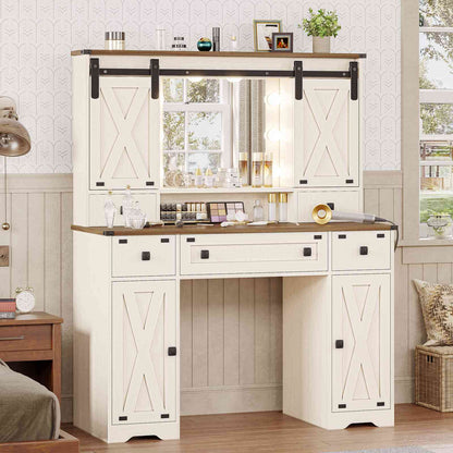 DICTAC | Farmhouse Makeup Vanity Desk with Lighted Mirror, Sliding Barn Door Storage, Charging Station & 5 Drawers, White Vanity Table with Adjustable Lights for Bedroom