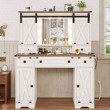 DICTAC | Farmhouse Makeup Vanity Desk with Lighted Mirror, Sliding Barn Door Storage, Charging Station & 5 Drawers, White Vanity Table with Adjustable Lights for Bedroom