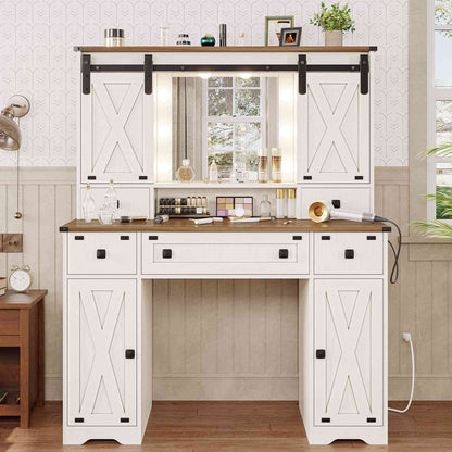 DICTAC | Farmhouse Makeup Vanity Desk with Lighted Mirror, Sliding Barn Door Storage, Charging Station & 5 Drawers, White Vanity Table with Adjustable Lights for Bedroom