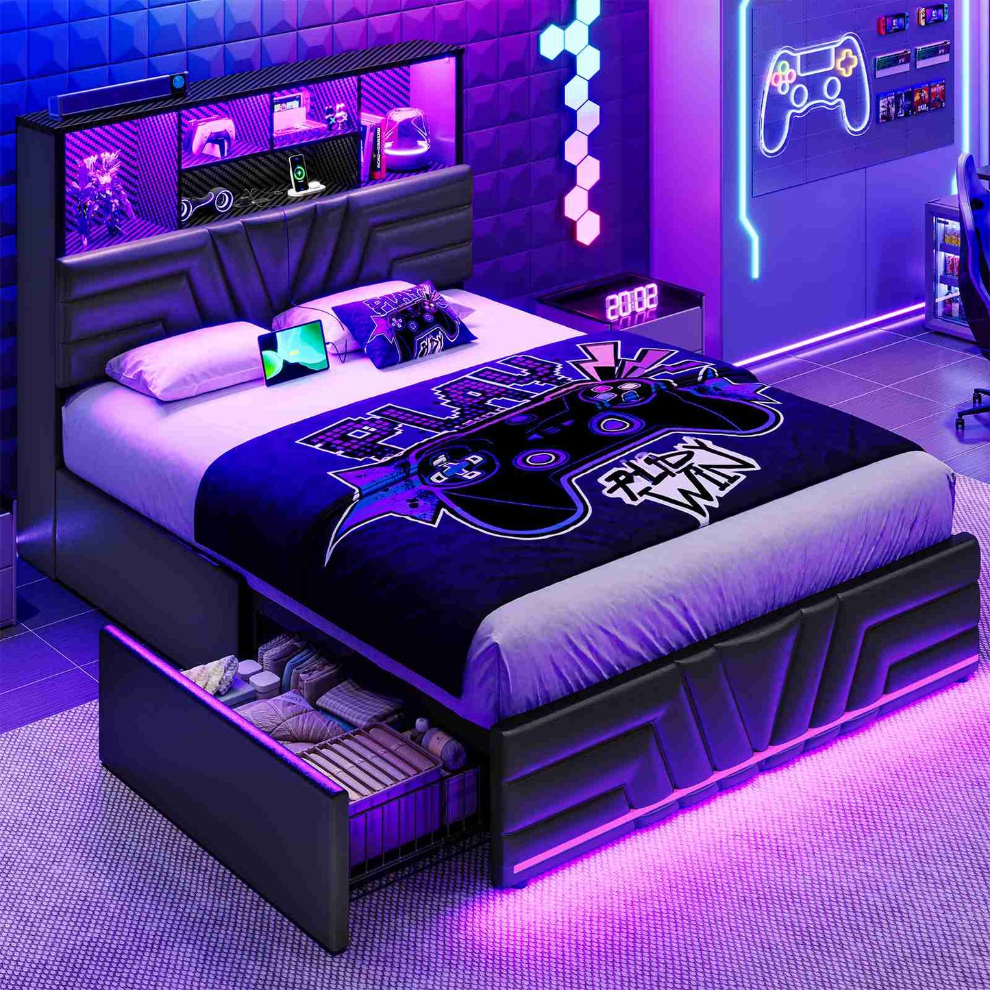 DICTAC | Gaming Bed Frame with 4 Drawers, RGB LED Lights, Charging Station & Storage Headboard, Black