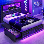 DICTAC | Gaming Bed with 4 Drawers, Storage Headboard, Charging Station & RGB LED Lights - Black