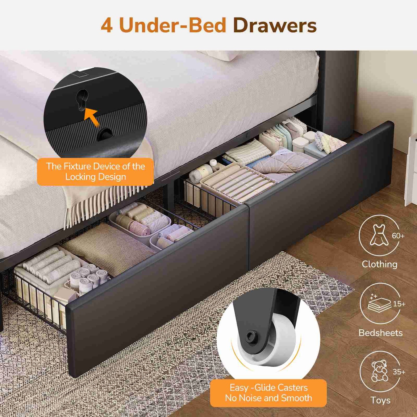 DICTAC | Gaming Bed Frame with 4 Drawers, RGB LED Lights, Charging Station & Storage Headboard, Black