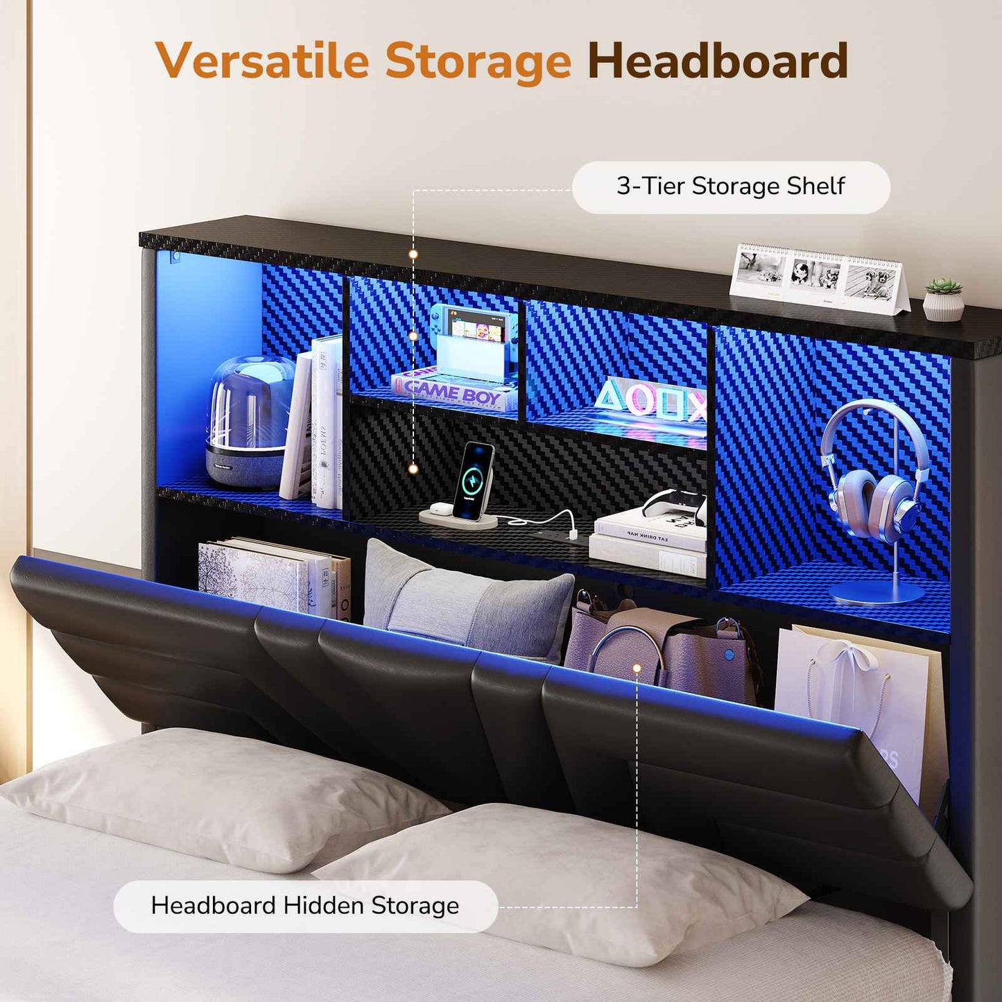 DICTAC | Gaming Bed Frame with 4 Drawers, RGB LED Lights, Charging Station & Storage Headboard, Black