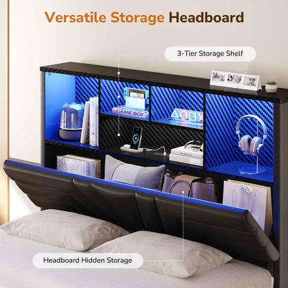 DICTAC | Gaming Bed Frame with 4 Drawers, RGB LED Lights, Charging Station & Storage Headboard, Black