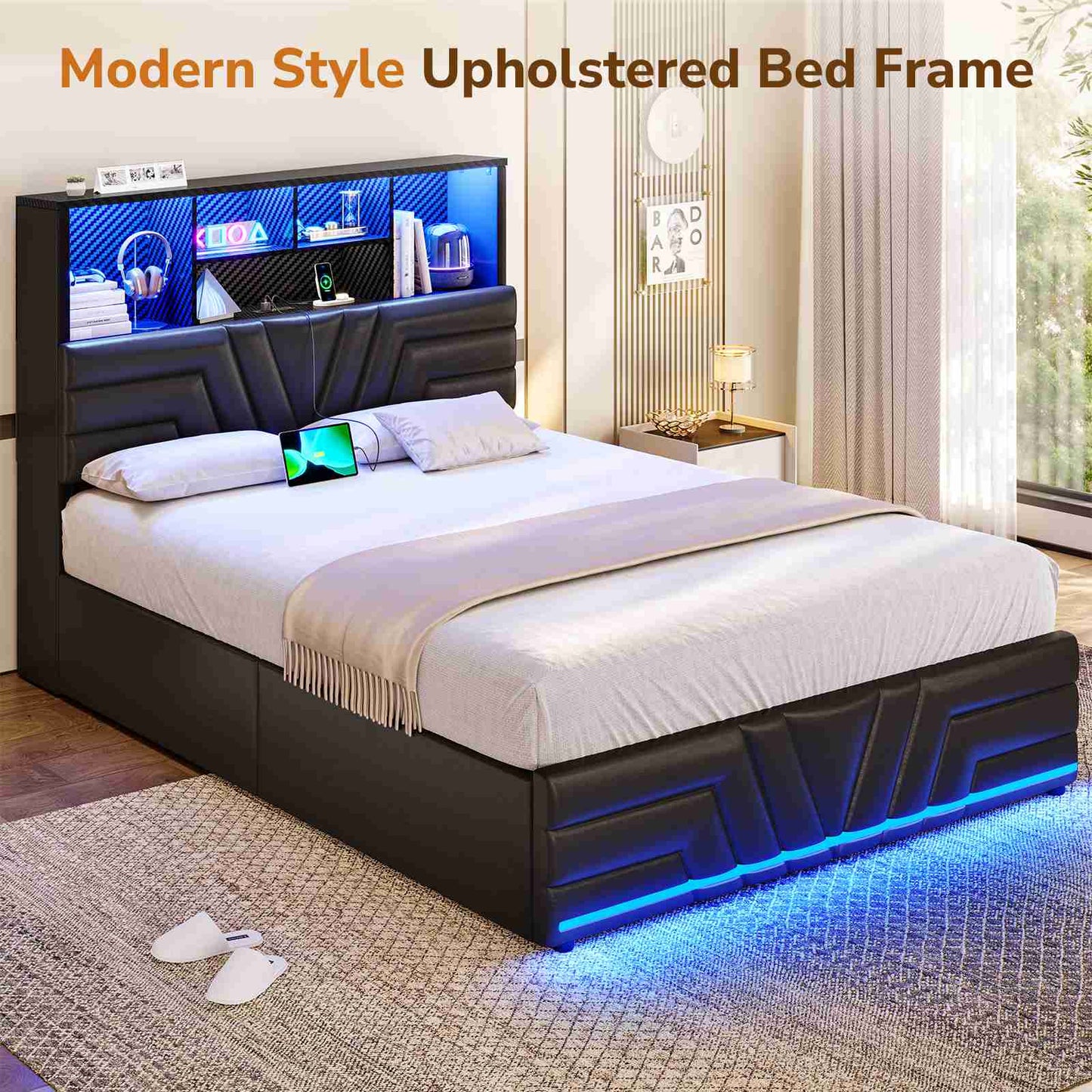 DICTAC | Gaming Bed Frame with 4 Drawers, RGB LED Lights, Charging Station & Storage Headboard, Black