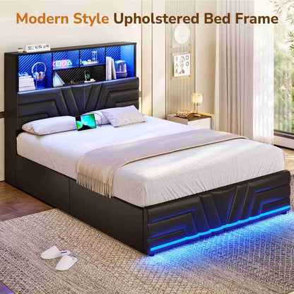DICTAC | Gaming Bed Frame with 4 Drawers, RGB LED Lights, Charging Station & Storage Headboard, Black