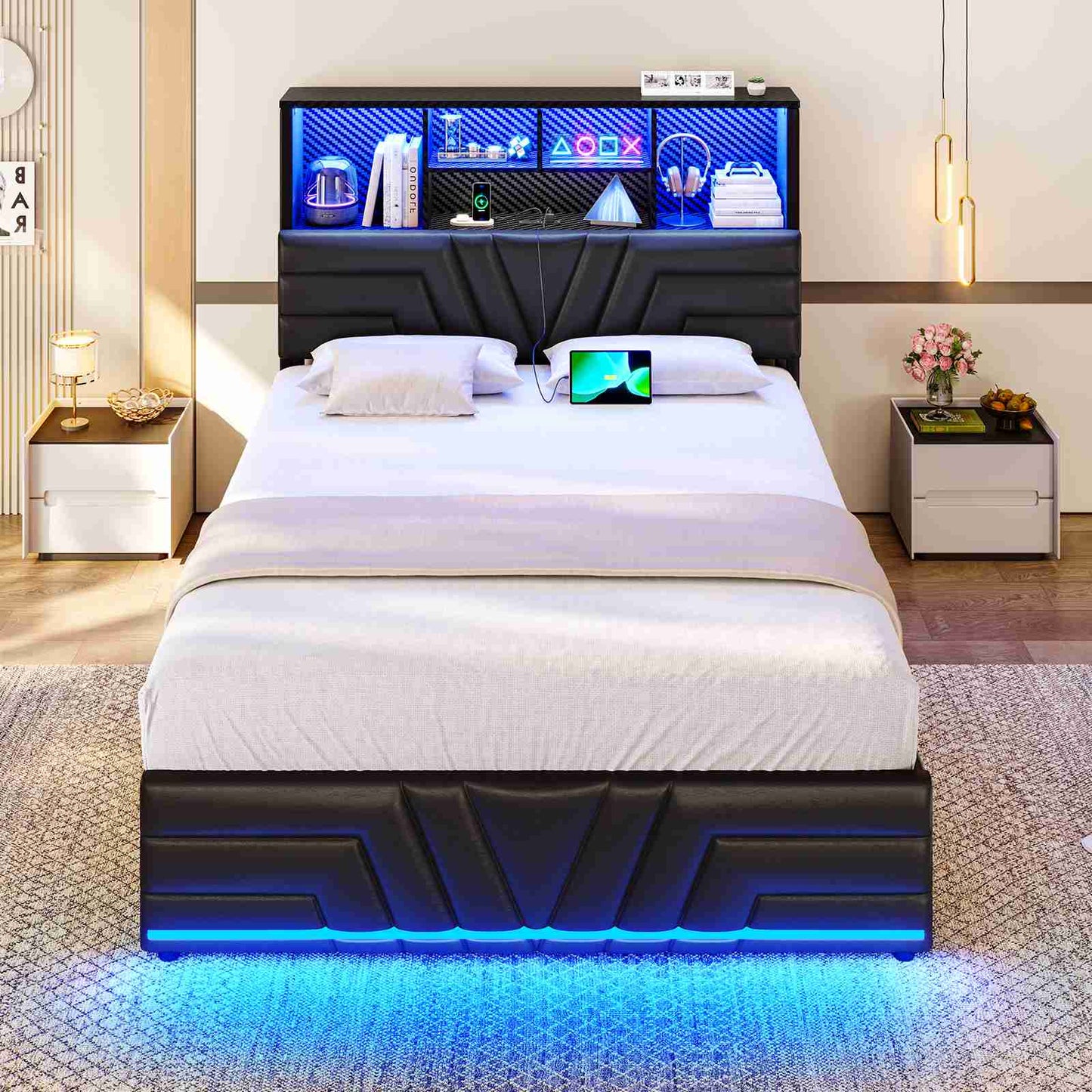 DICTAC | Gaming Bed Frame with 4 Drawers, RGB LED Lights, Charging Station & Storage Headboard, Black