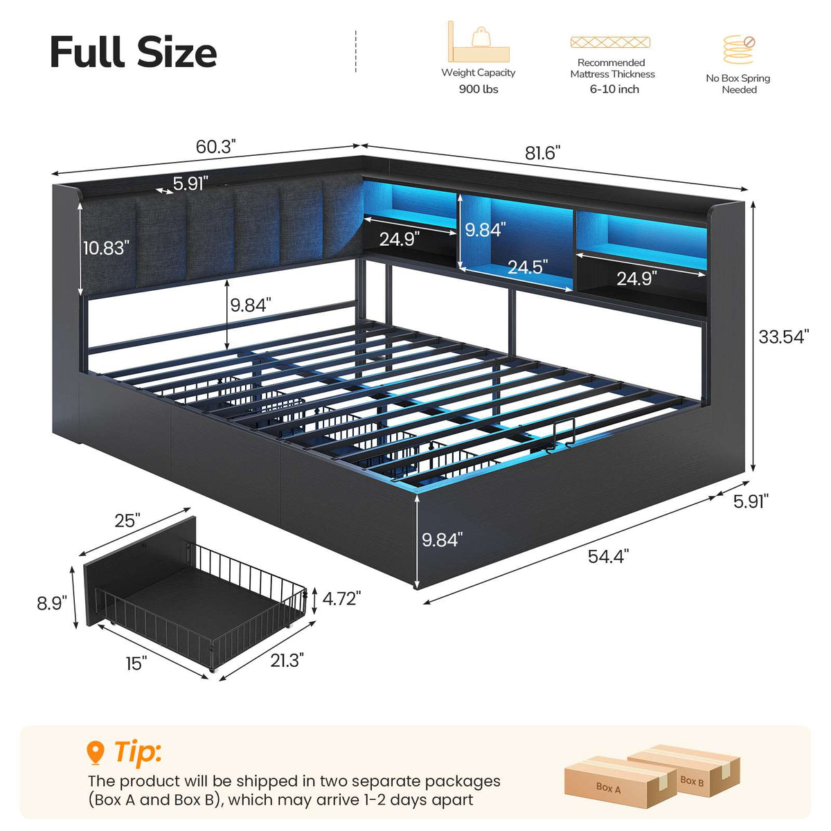 DICTAC | Corner Bed with 3 Drawers, Bookcase, LED Lights & Charging Station, Hidden Headboard Storage, Black