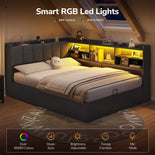 DICTAC | Corner Bed with 3 Drawers, Bookcase, LED Lights & Charging Station, Hidden Headboard Storage, Black